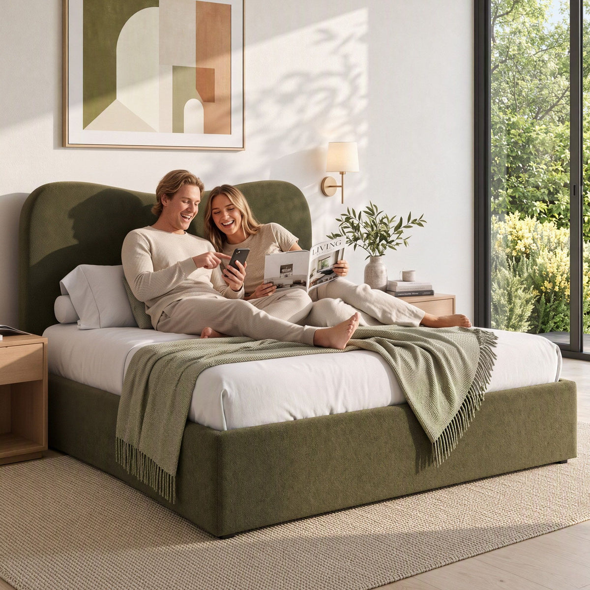 Artiss Double Bed Frame with Storage Drawer, Chenille Curved Headboard