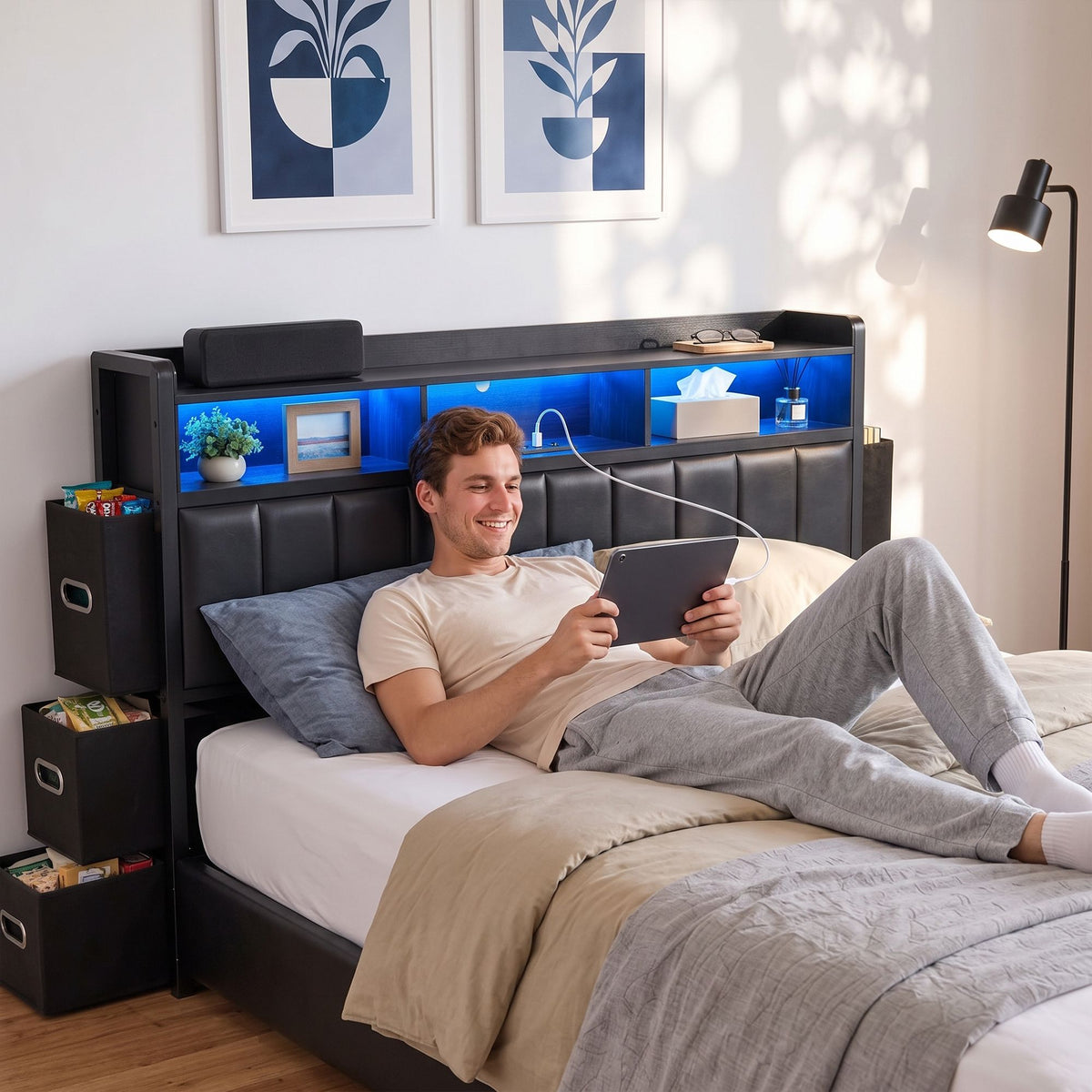 Artiss Queen Bed Frame with Storage Headboard, 2 Drawers, Charging Station& LED Light