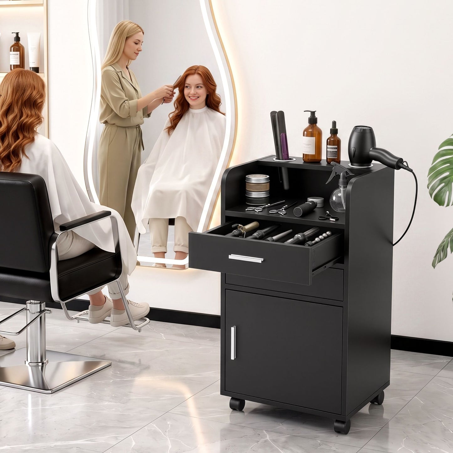 Artiss Professional Salon Station Rolling Cart, Hair Styling Beauty Cabinet with 2 Drawers & 2 Appliance Holders, Wood Barber Spa Trolley with 360° Wheels for Skincare & Vanity, Black
