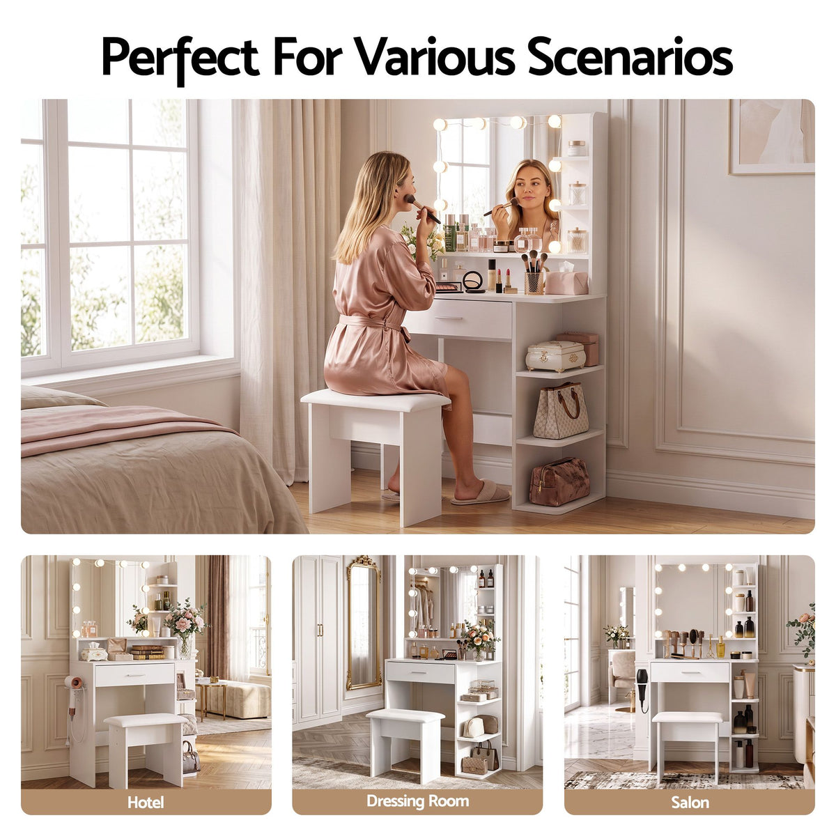 Artiss Dressing Table Vanity Desk LED Mirror Stool Storage Power Outlet Hairdryer Holder White