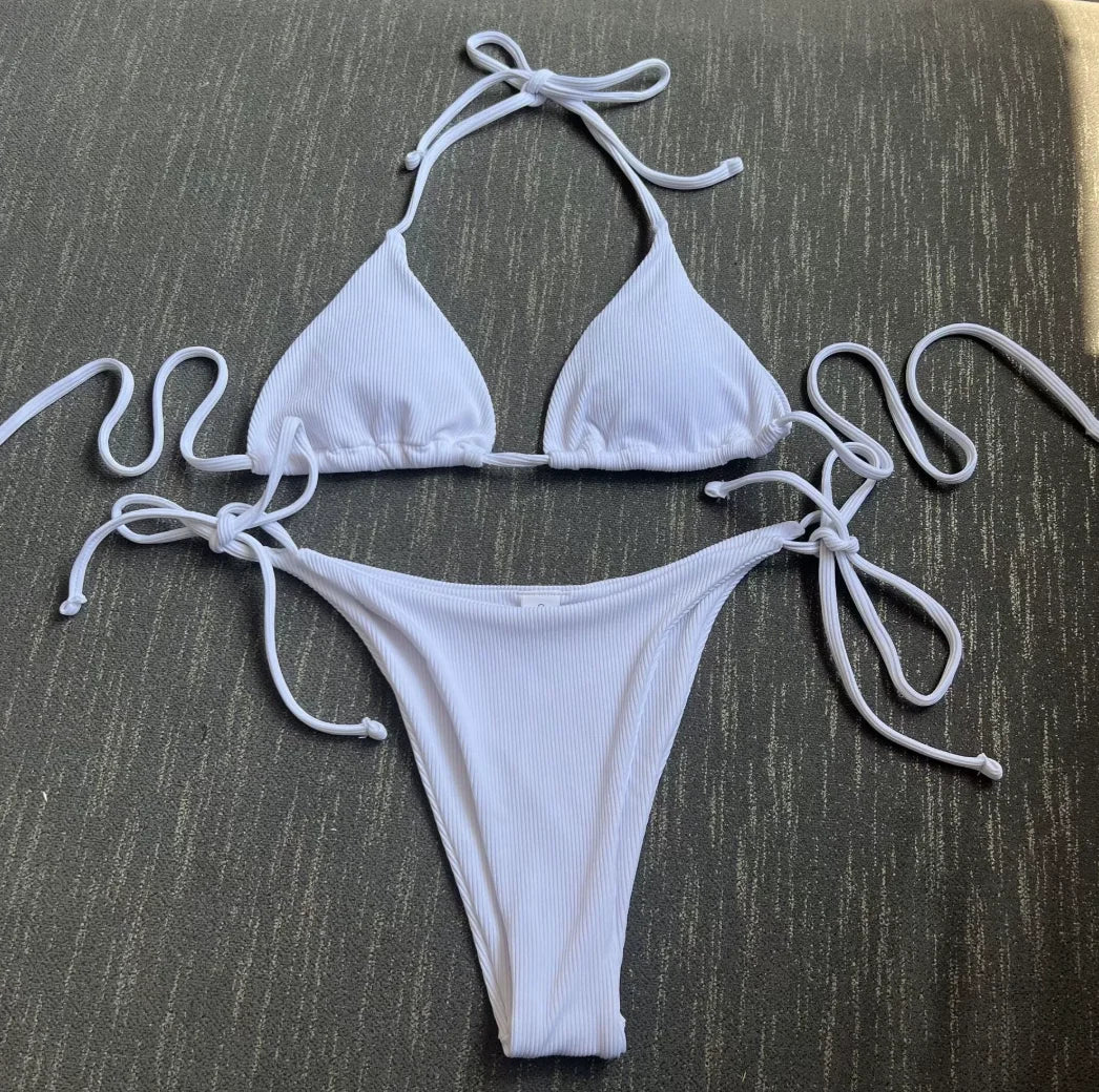 Women's Lace-Up Halter Ribbed Bikini Set - Solid Side Thong Swimsuit for Beach