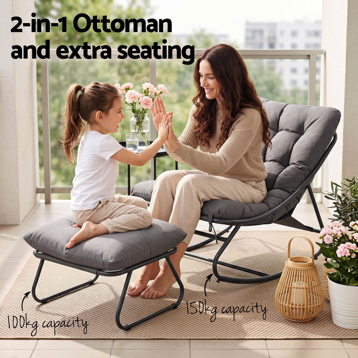 Gardeon Rocking Chair with Footrest Mesh Seat Cushion Outdoor Chairs Grey