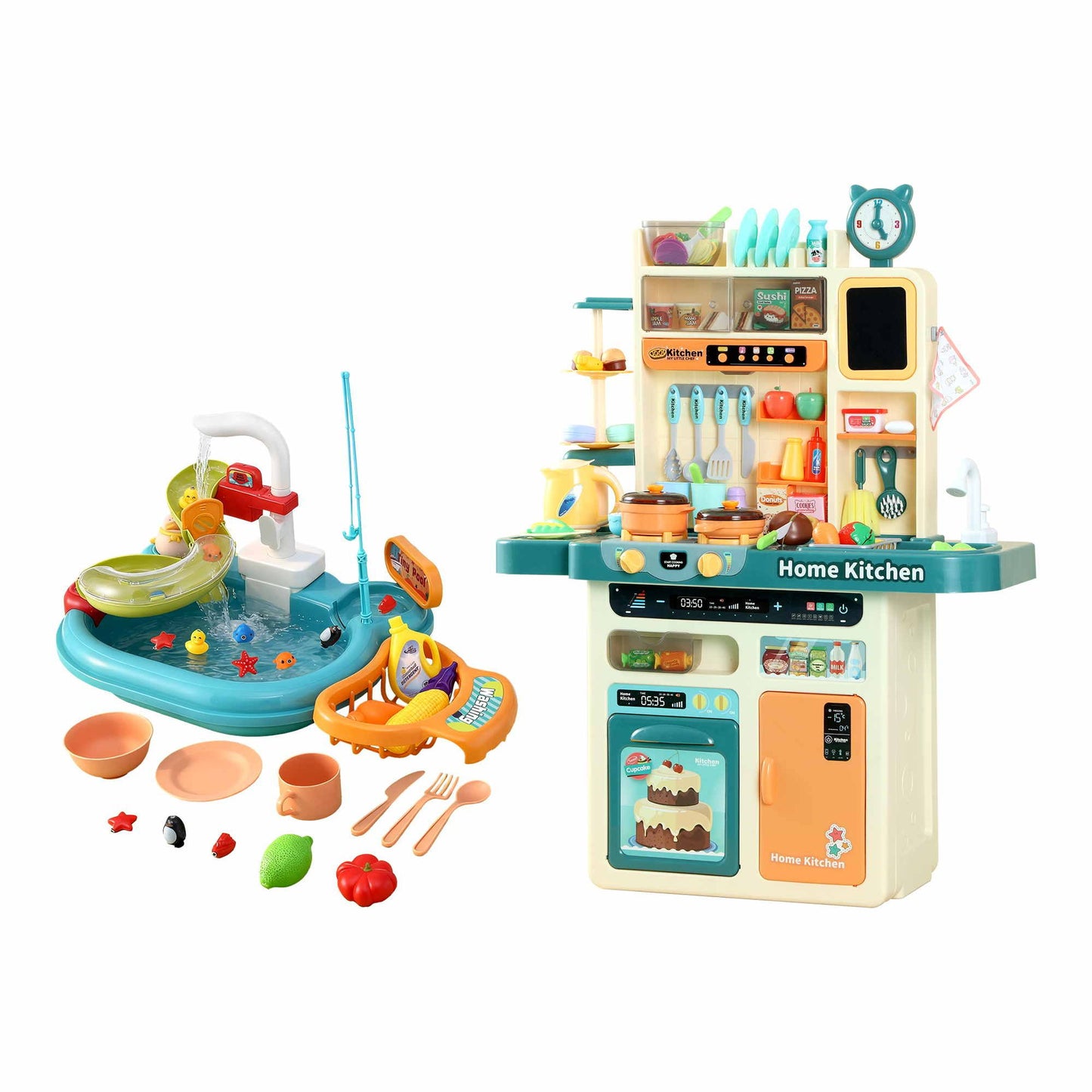 Keezi 2 Piece Kids Pretend Kitchen Playset Water Toys Fishing Game Food Play