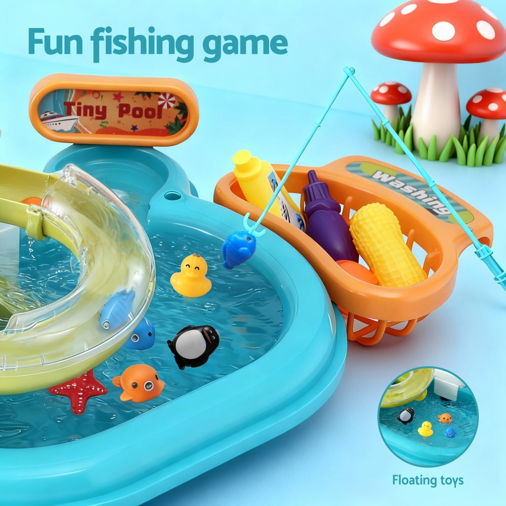 Keezi Kinder Rollenspiel Küchenspüle mit Wasserhahn, schwimmendem Angelspielzeug, Spielessen
