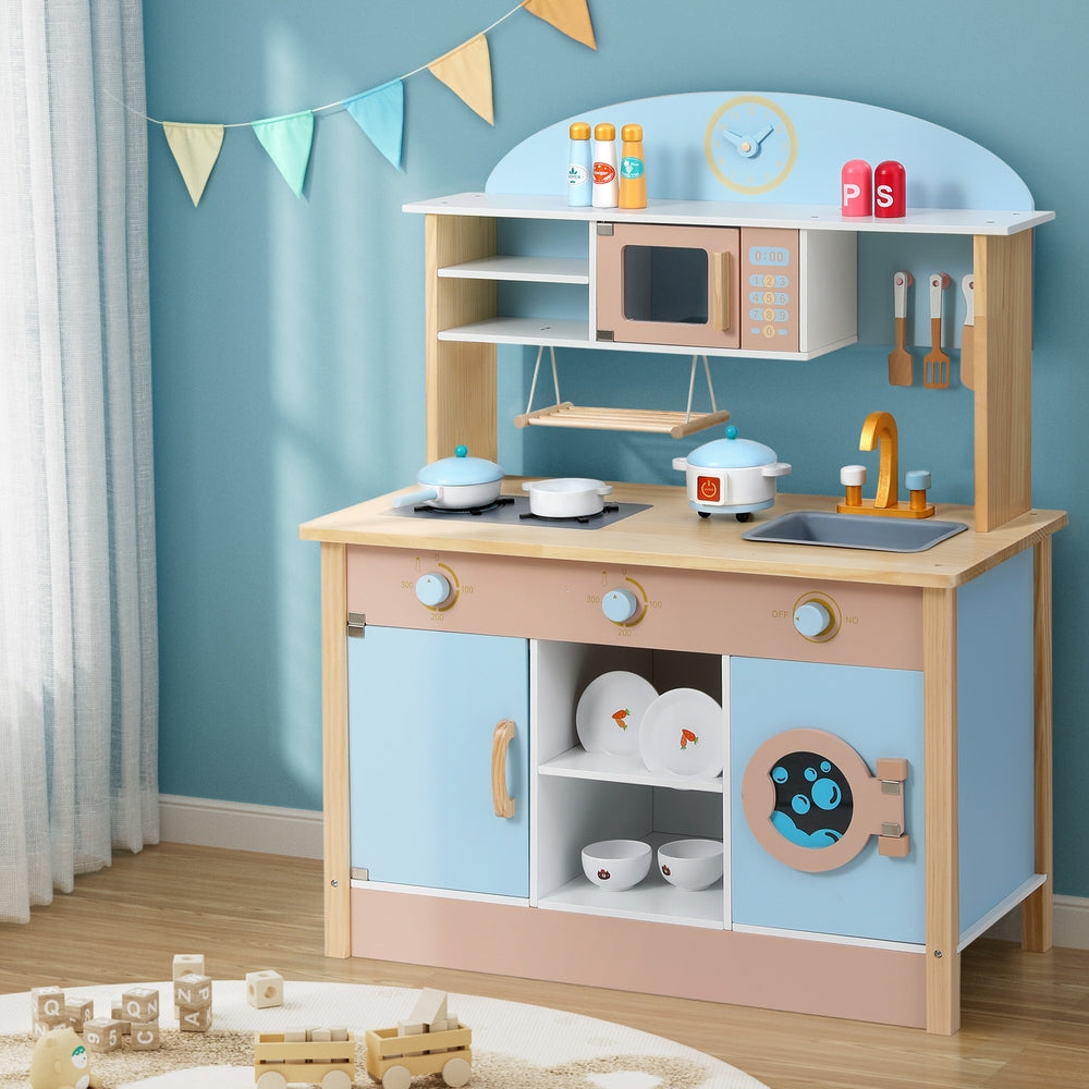 Keezi Kinder Spielküche aus Holz Rollenspiel Spielzeug Topf Pfanne Schüsseln Backofen Spülmaschine 80CM Blau