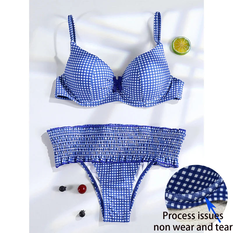 Miyouj Bow Bikinis 2026 Biquin Pleated Swimsuit Women Plaid Print Bikini Set Sexy Swimwear Push Up Beachwear Low Waist Bath Suit