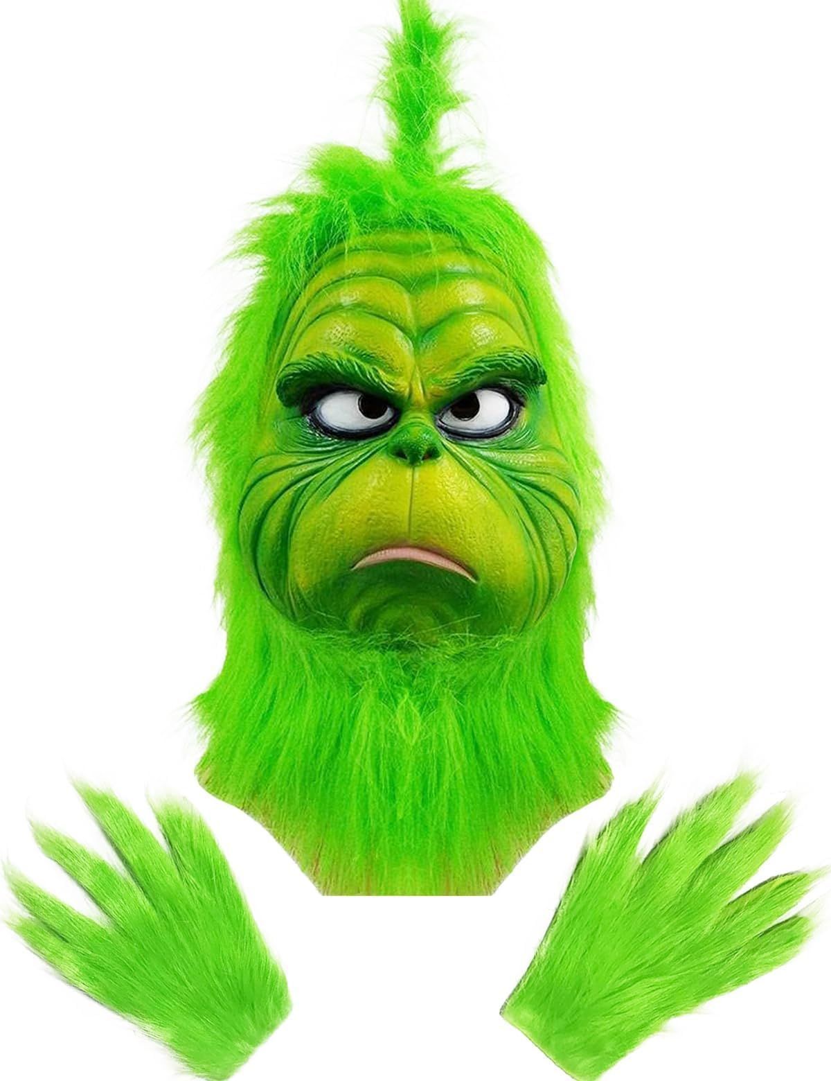 Deluxe Green Monster Christmas Mask with Santa Hat, Adult Size, Plush Fur Holiday Costume Accessory