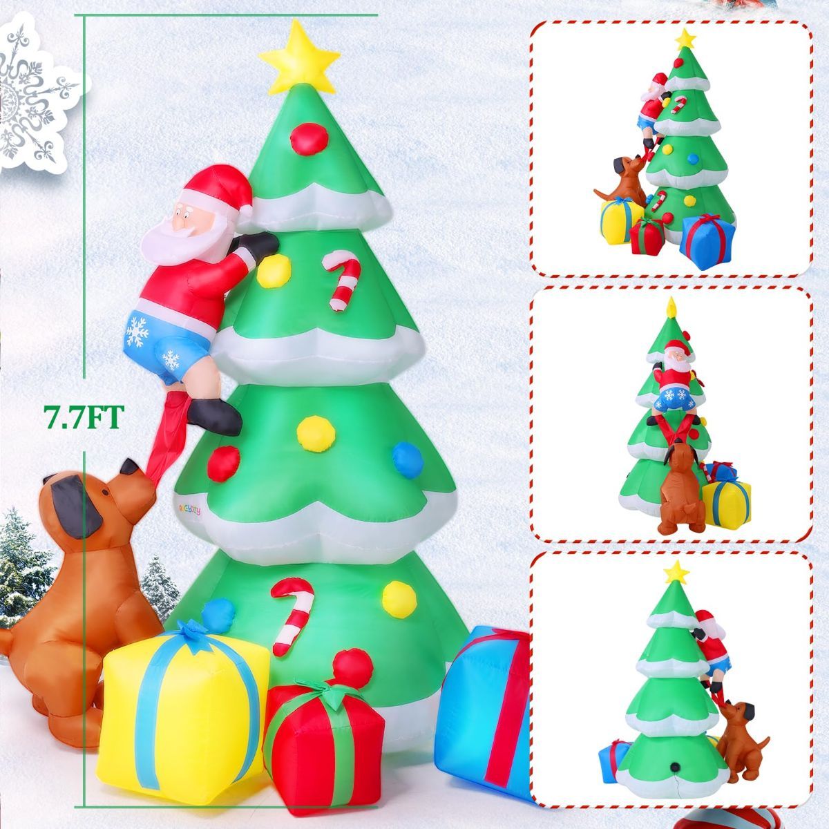 7.7ft Giant Christmas Tree Inflatable Outdoor Decoration, Blow Up Santa Claus Climbing Tree Bite By Dog with 3 Gift Boxes, Built-in Dazzling LED Lights for Xmas Party Indoor Lawn Garden Yard Decor