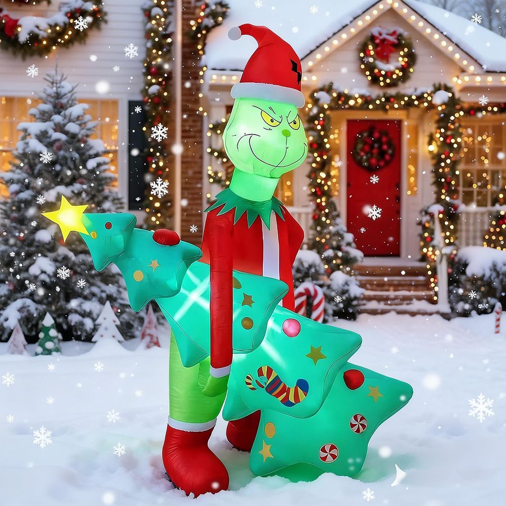 Grinch-Inspired Christmas Inflatable Decoration with Hugging Tree Design, LED Party Prop for Outdoor Yard, Garden, Mall Entrance and Front Door Holiday Display (Grinch)
