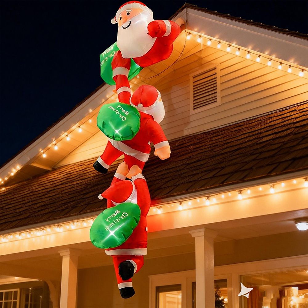 8FT Christmas Inflatable Three Santa Claus Climbing Wall Decoration with LED Lights, Blow Up Holiday Yard Display for Outdoor Party, Home Roof and Sunroom Festive Setup (Three Santa Claus Climbing Wall)