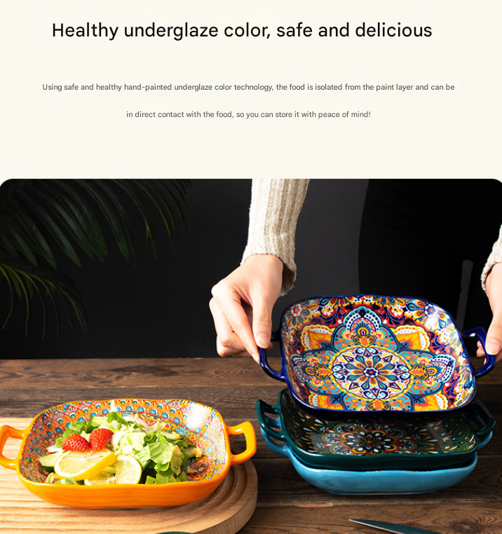 Green Gullicent 9-Inch Bohemian Ceramic Double-Handled Square Plate