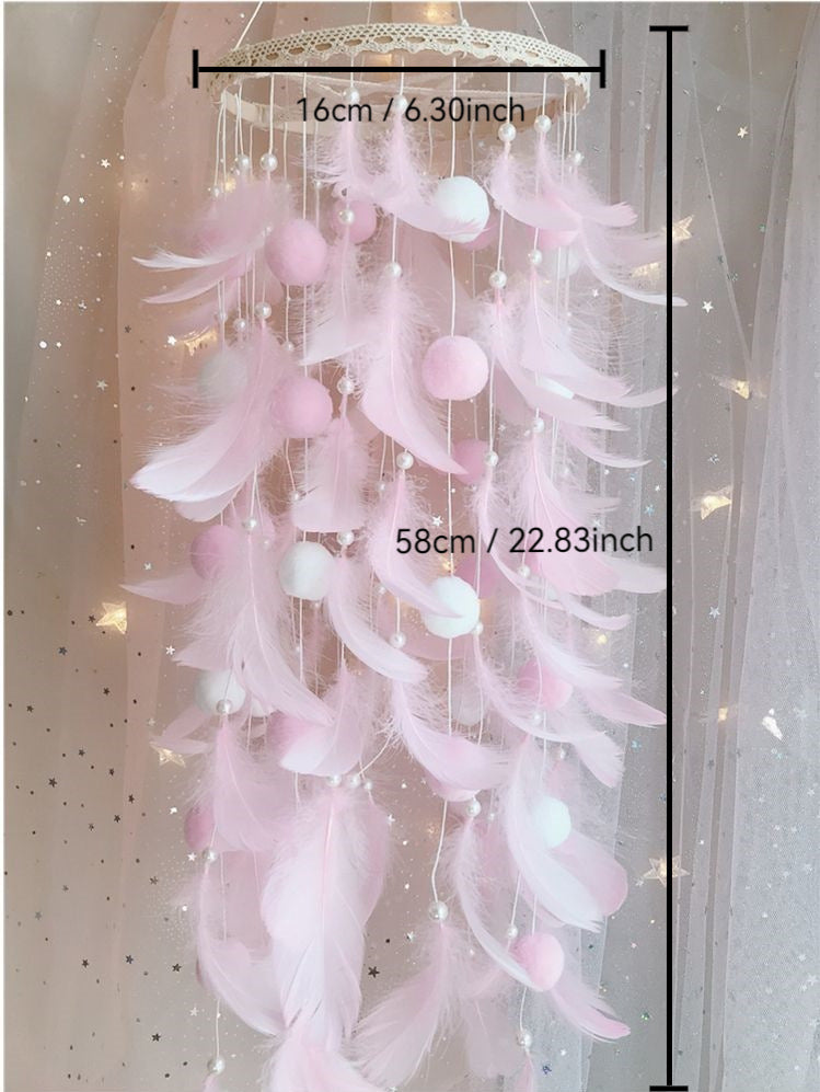 White Boho Pom Pom Feather Dreamcatcher - Whimsical Hanging Mobile for Girls Bedroom & Nursery Decor