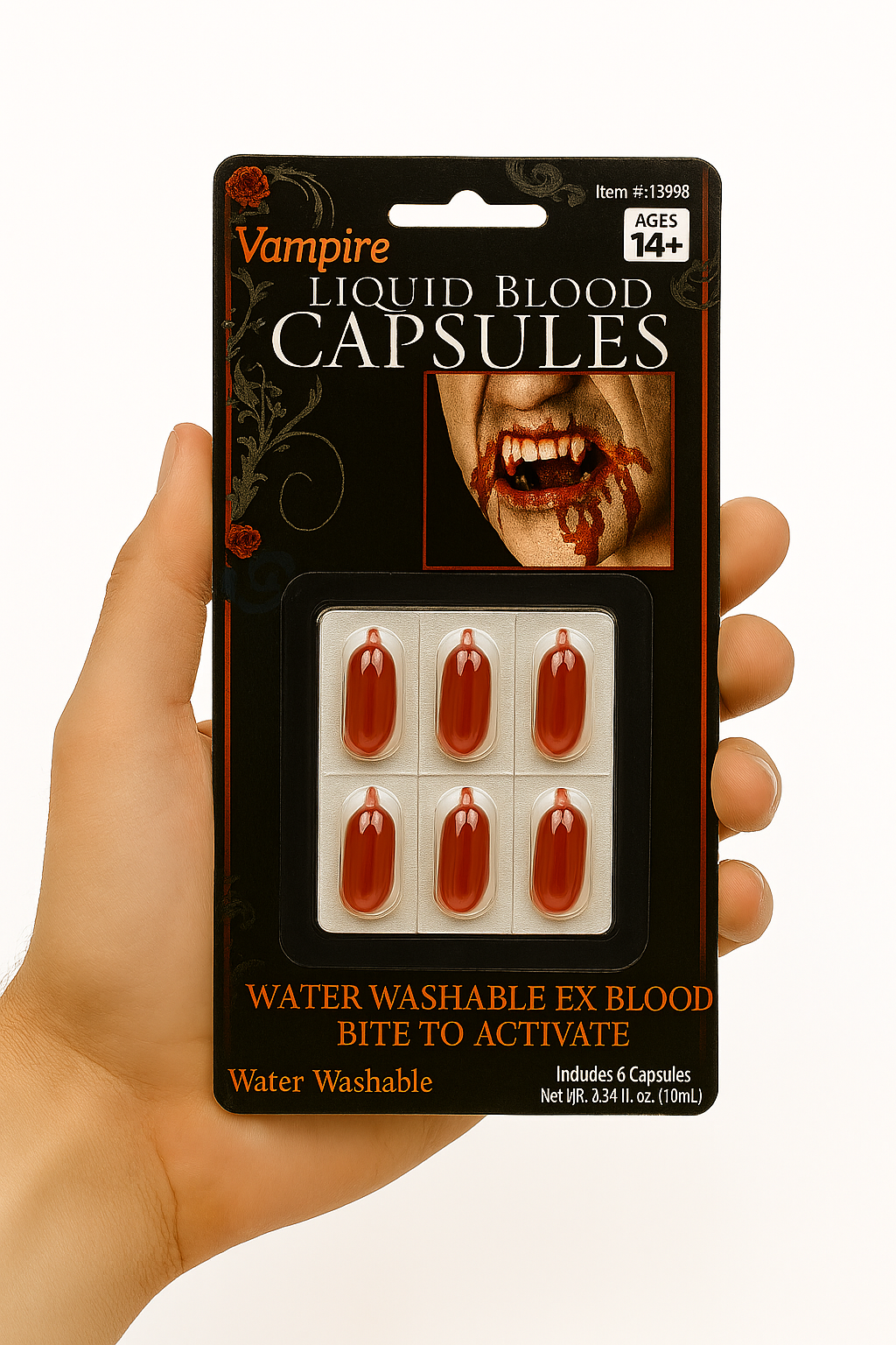 Vampire Liquid Blood Capsules β Halloween Costume FX, Water Washable, 6-Pack