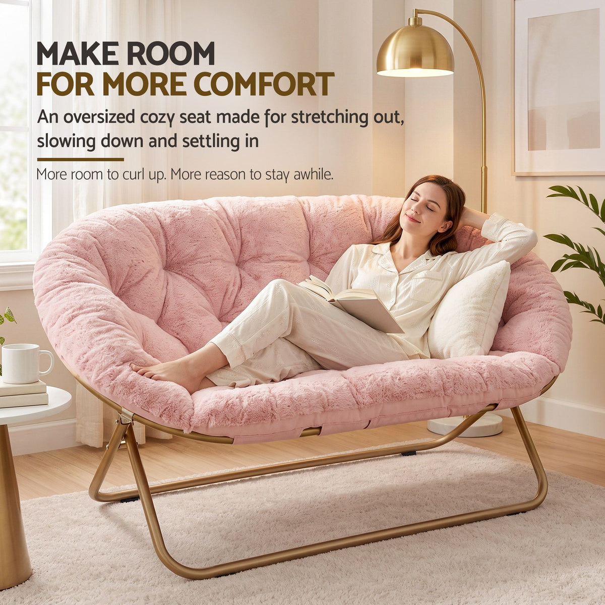 Artiss Double Saucer Chair Soft Faux Fur Lounge Foldable Oversize Chair for Bedroom Pink