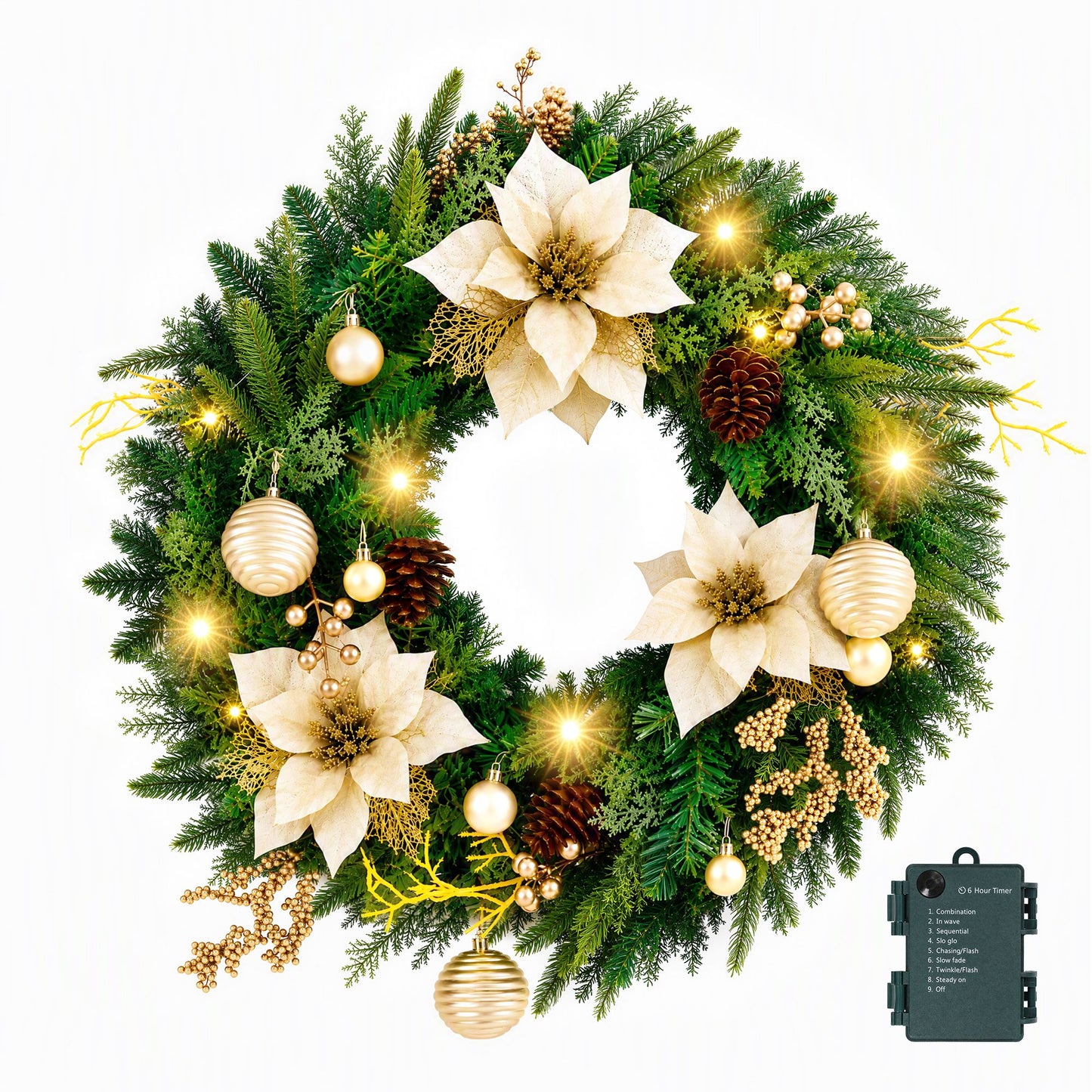 Jingle Jollys 60cm Vorbeleuchteter Weihnachtskranz LED-Girlanden Goldene Blumen Tannenzapfen Deko
