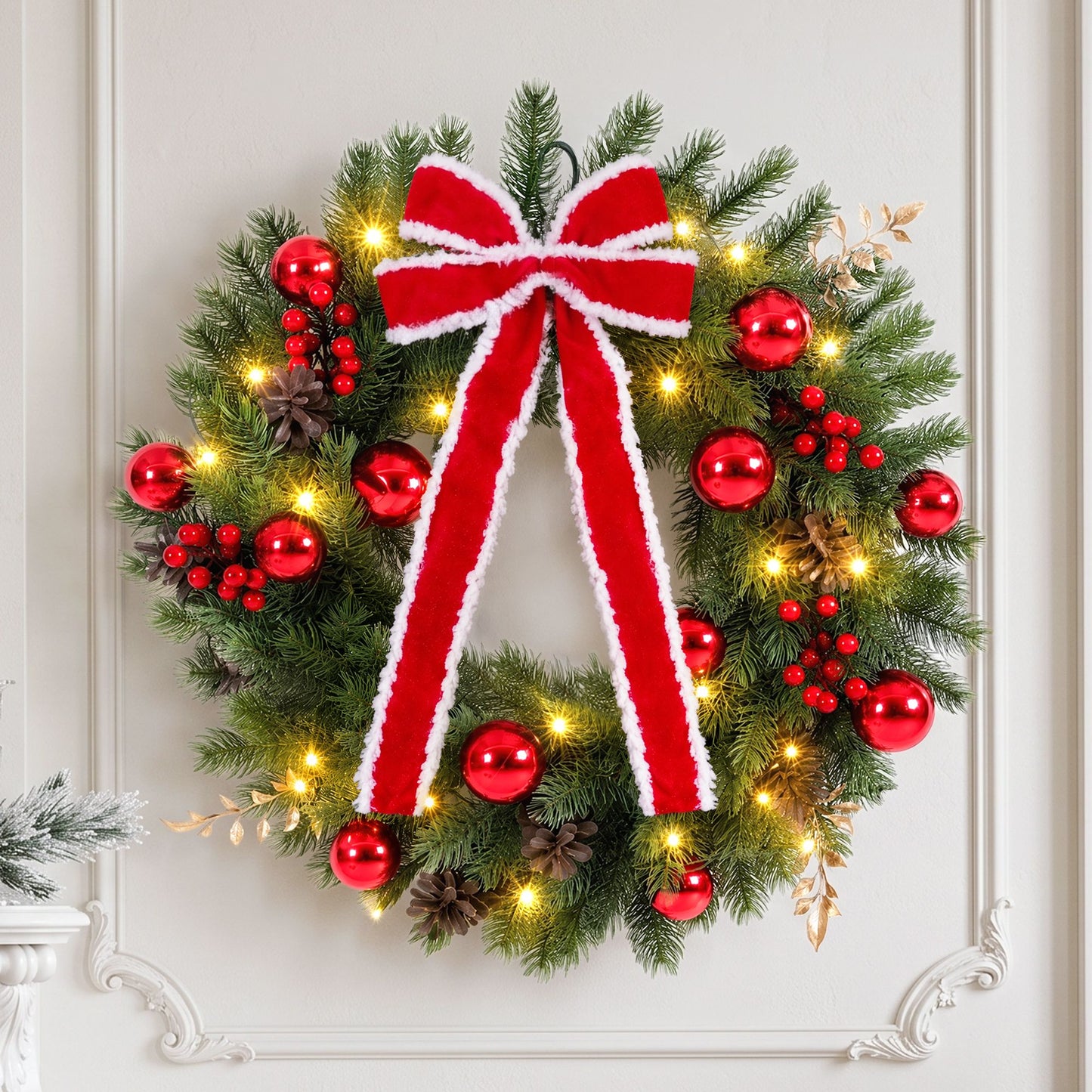 Jingle Jollys 60 cm Vorbeleuchteter Weihnachtskranz Girlanden LED-Licht Haustür Deko Schleife