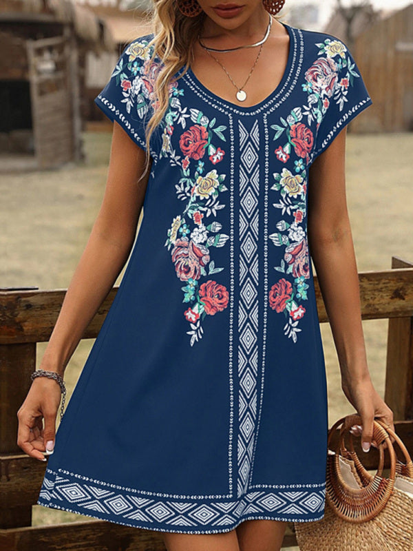 Women's Vintage Floral Print Short Sleeve Casual Dress