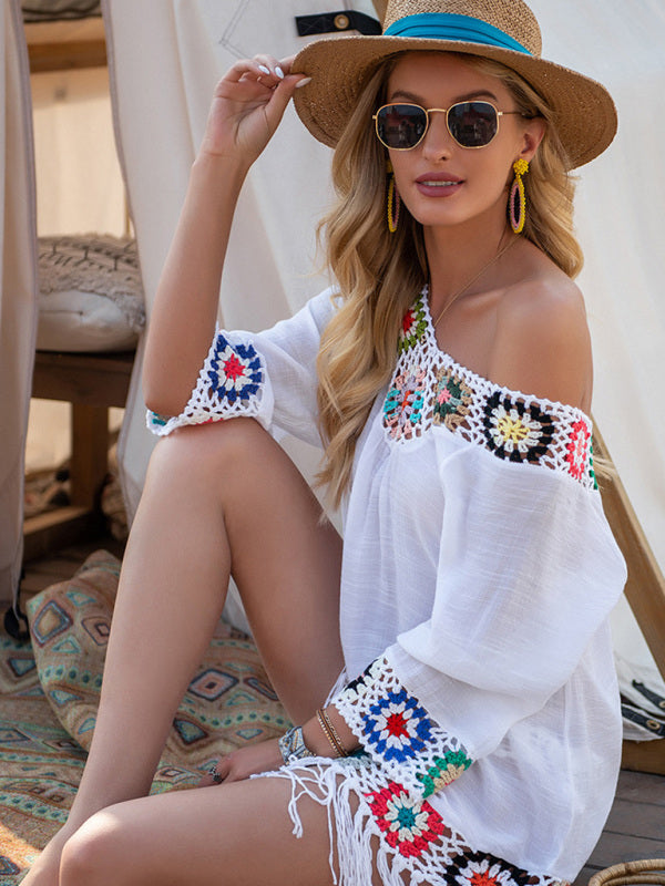 Three-quarter sleeve chain link flower splicing irregular tassel anti-sun blouse ethnic style dress