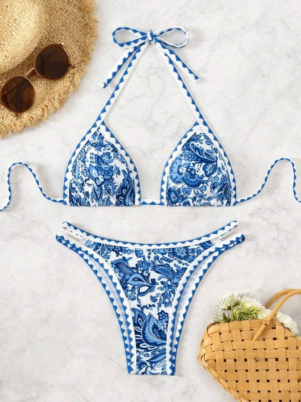 Blue Printed Halter Neck Sexy Bikini