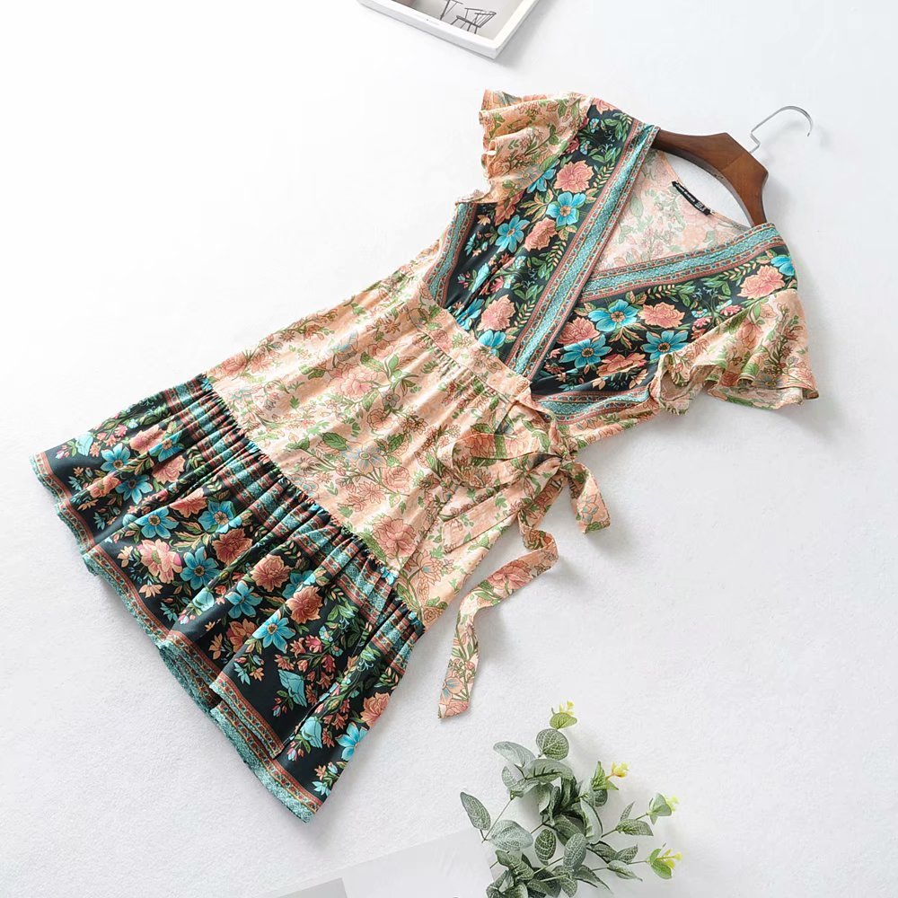 Women's new V-neck rayon printed short-sleeved dress