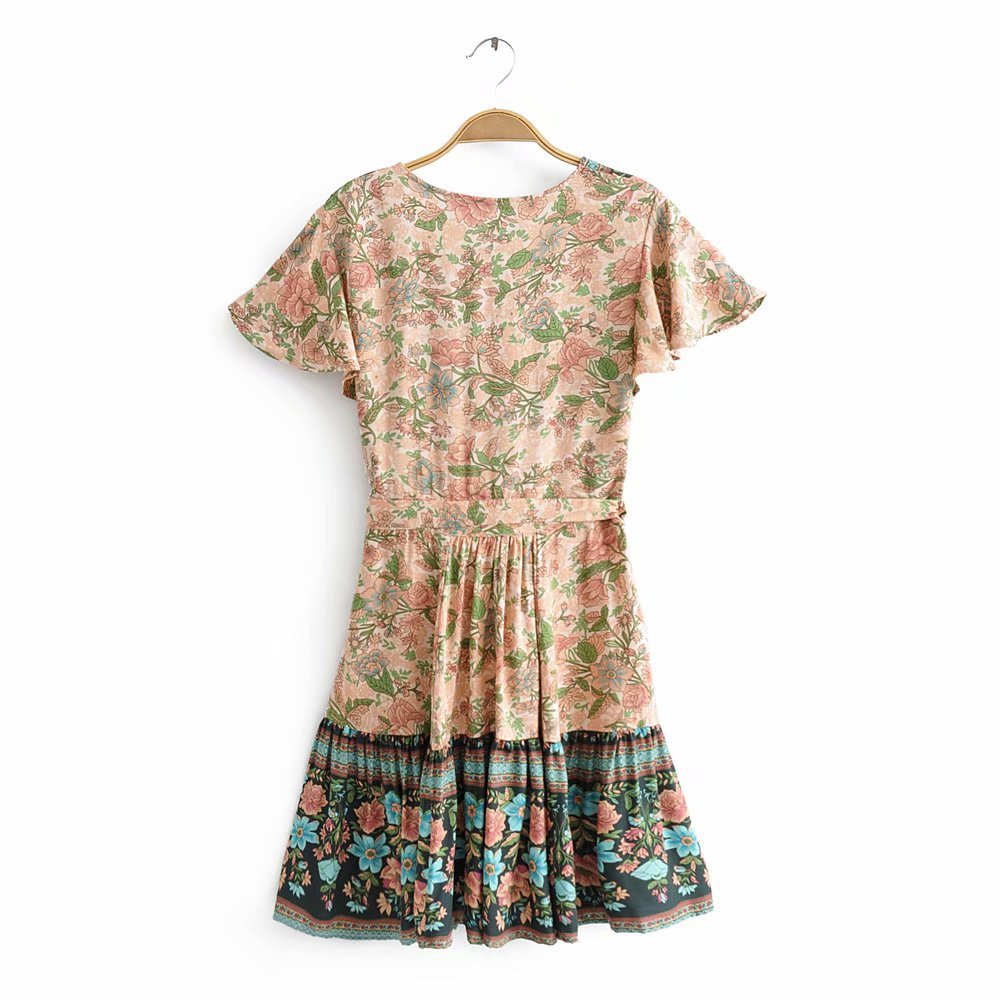 Women's new V-neck rayon printed short-sleeved dress