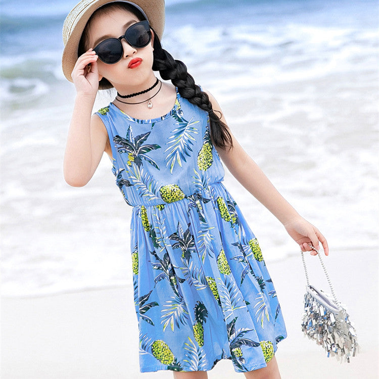 Girls' Rayon Breathable Print Beach Dress