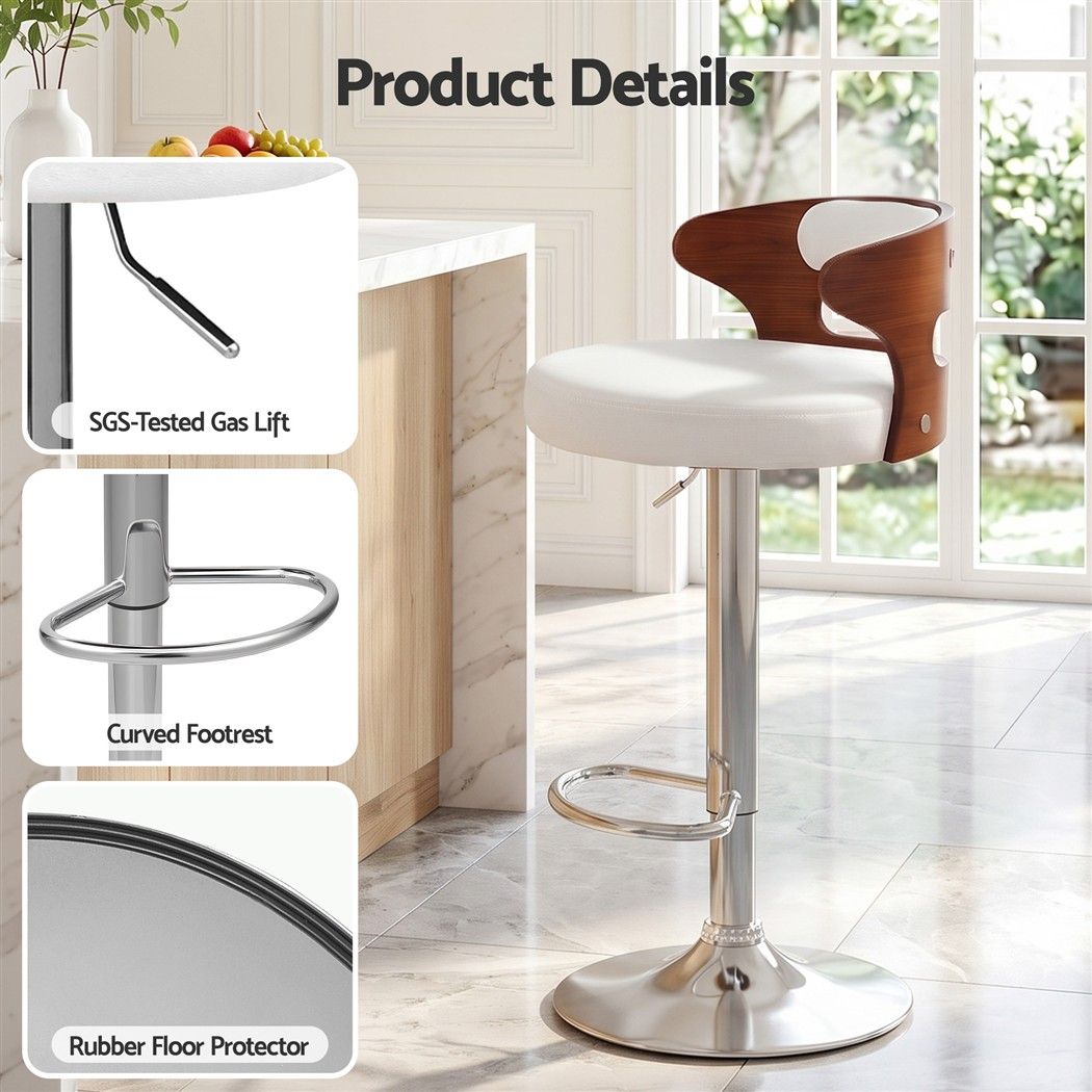 Artiss 2x Bar Stools Counter Chair Kitchen Bentwood Gas Lift PU Leather White
