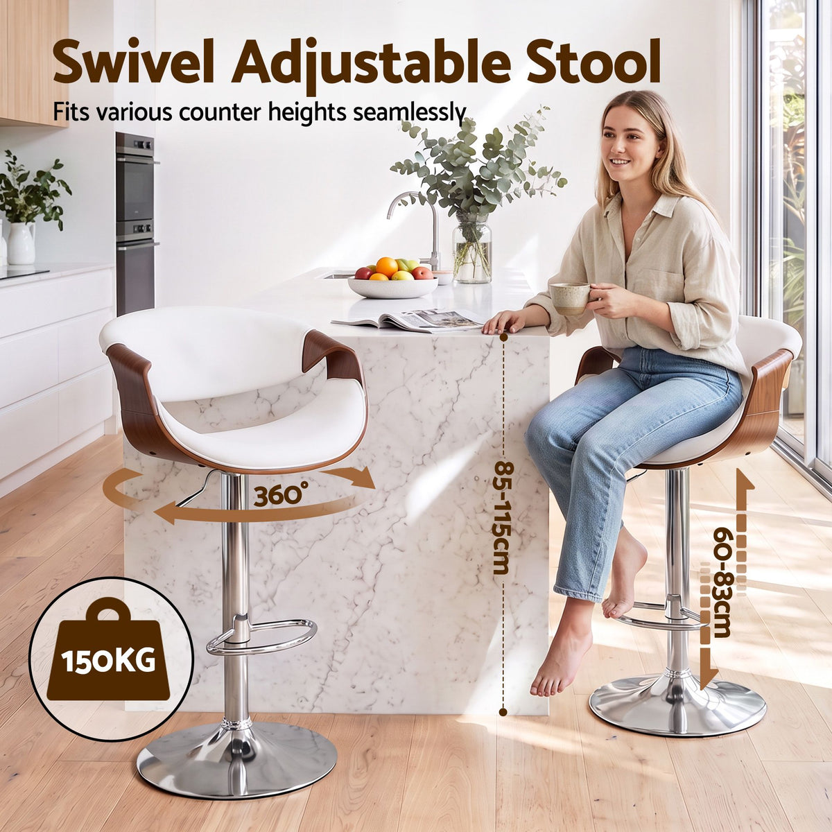 Artiss 2x Bar Stools Counter Chair Ambrus Swivel Adjustable Bentwood PU White