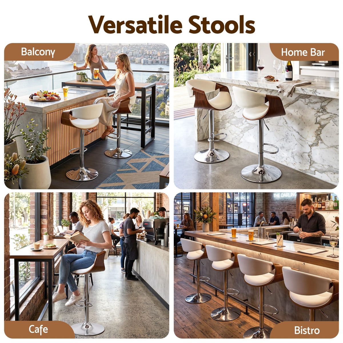 Artiss 3x Bar Stools Counter Chair Ambrus Swivel Adjustable Bentwood PU White