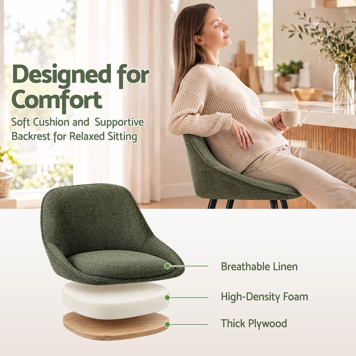 Artiss Bar Stools Set of 2 Linen Upholstered Counter Chairs with Back Padded Seat Green
