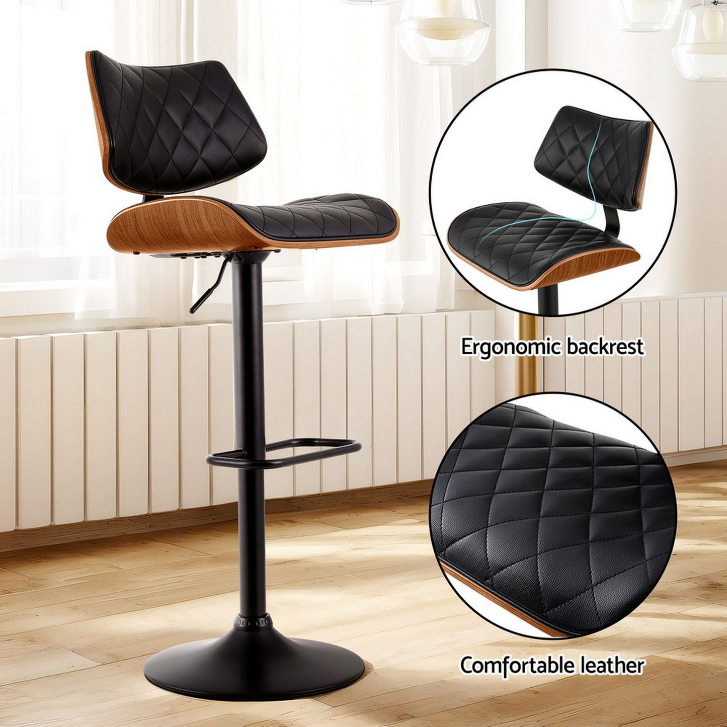 Artiss Bar Stools Kitchen Dining Chairs Gas Lift Stool Wooden Leather Black