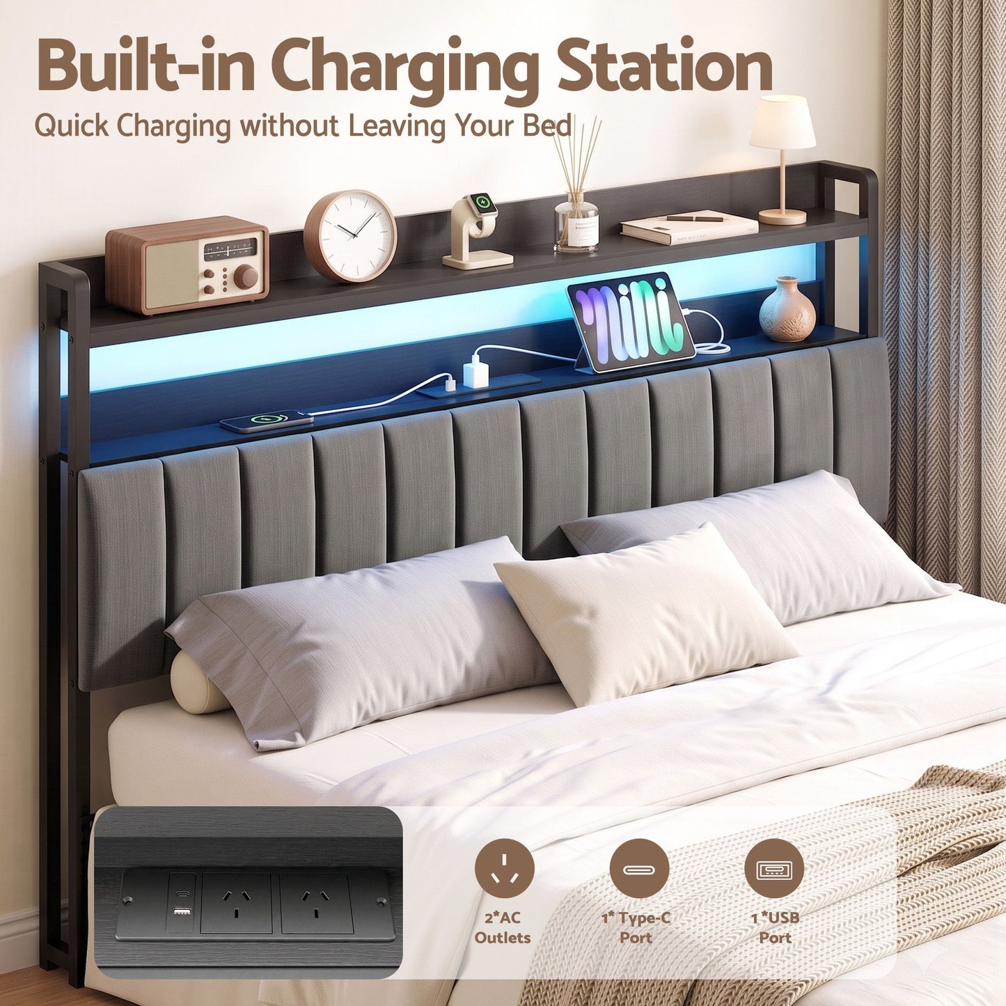 Artiss King Headboard Charging Station Storage LED Light Grey Upholstered
