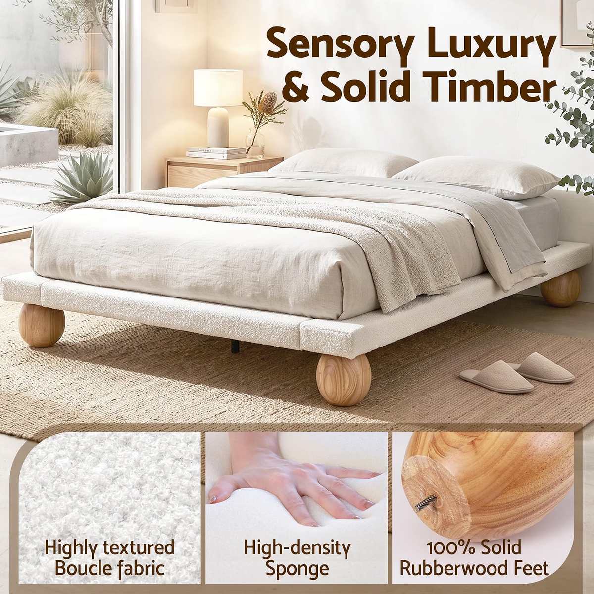 Artiss Queen Bed Frame and 2 Bedside Table Set, Boucle Upholstery Platform Bed