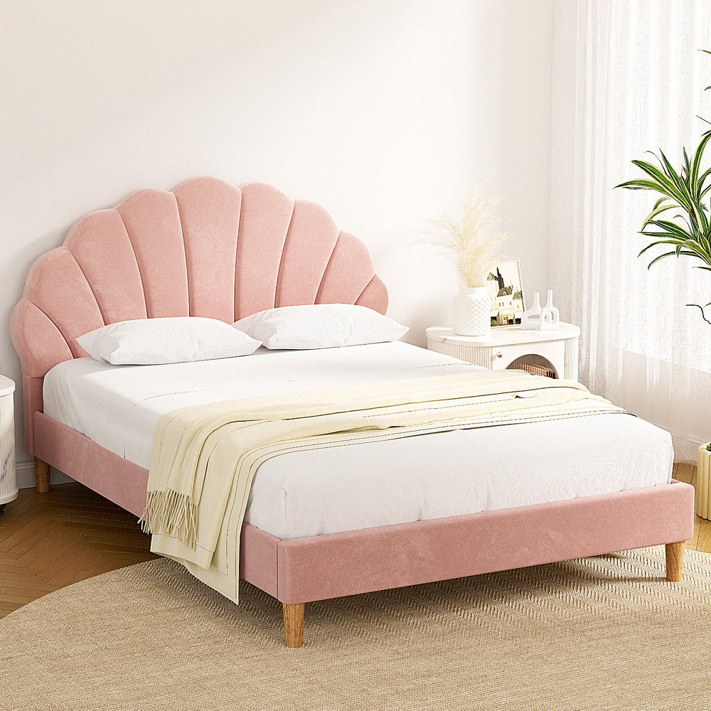 Artiss Bed Frame Double Size Scallop-Shape Bedhead Beds Base Pink Velvet Fabric