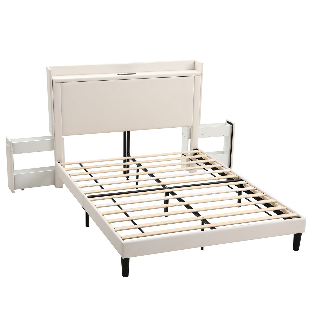 Artiss Double Bed Frame with USB Charging and Side Storage Shelves Beige