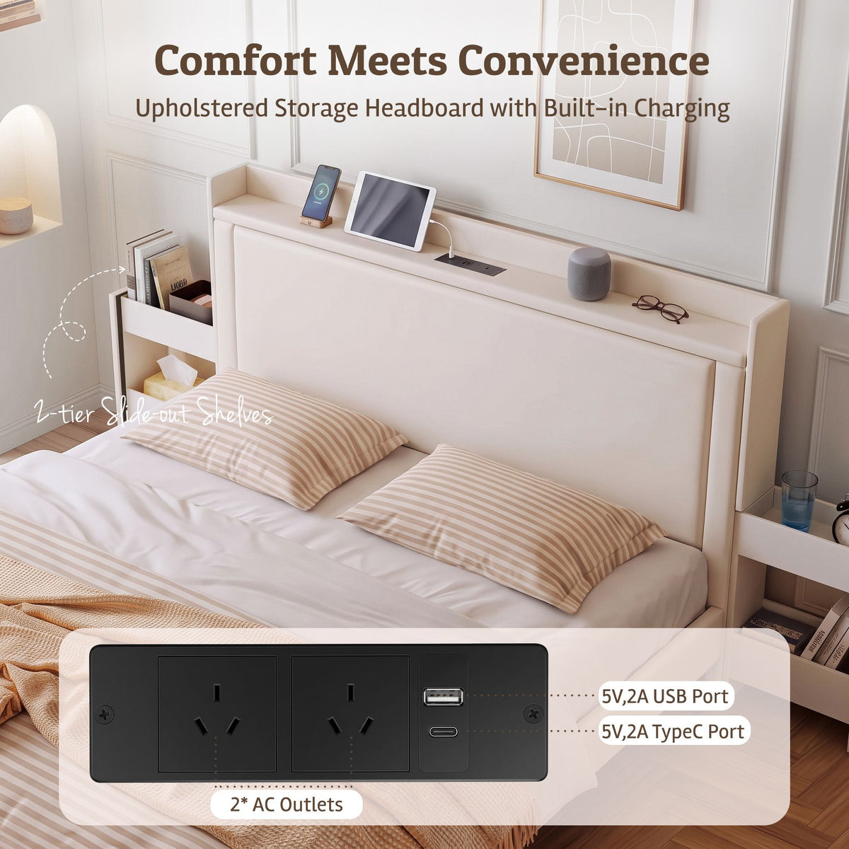 Artiss Double Bed Frame with USB Charging and Side Storage Shelves Beige