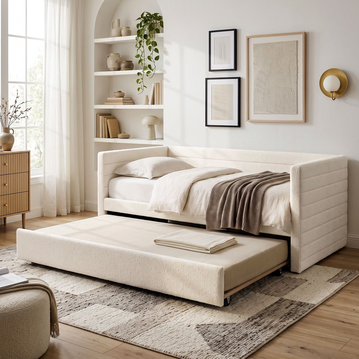 Artiss King Single Daybed with Trundle, Boucle Upholstered Bed Frame Guest Bed