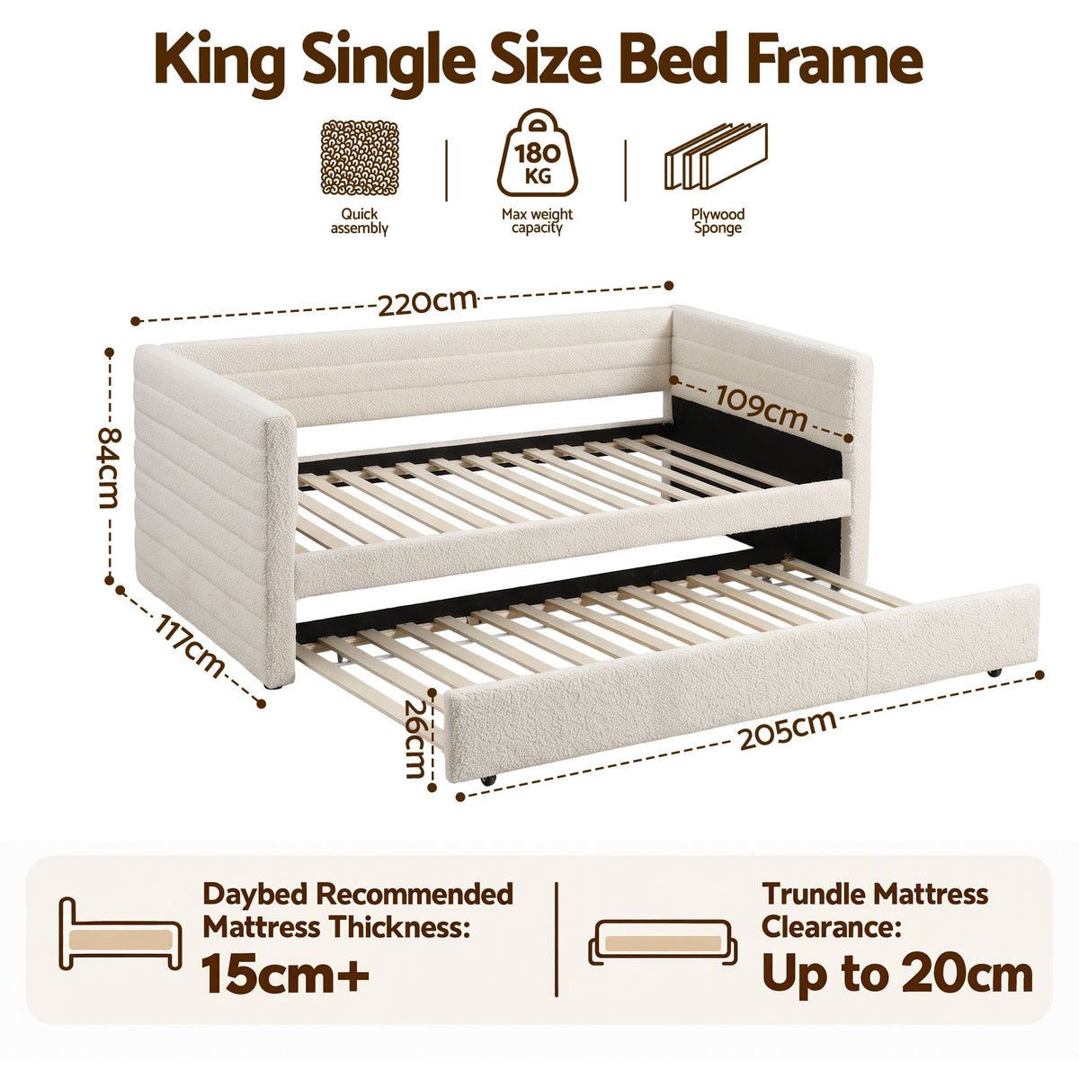 Artiss King Single Daybed with Trundle, Boucle Upholstered Bed Frame Guest Bed