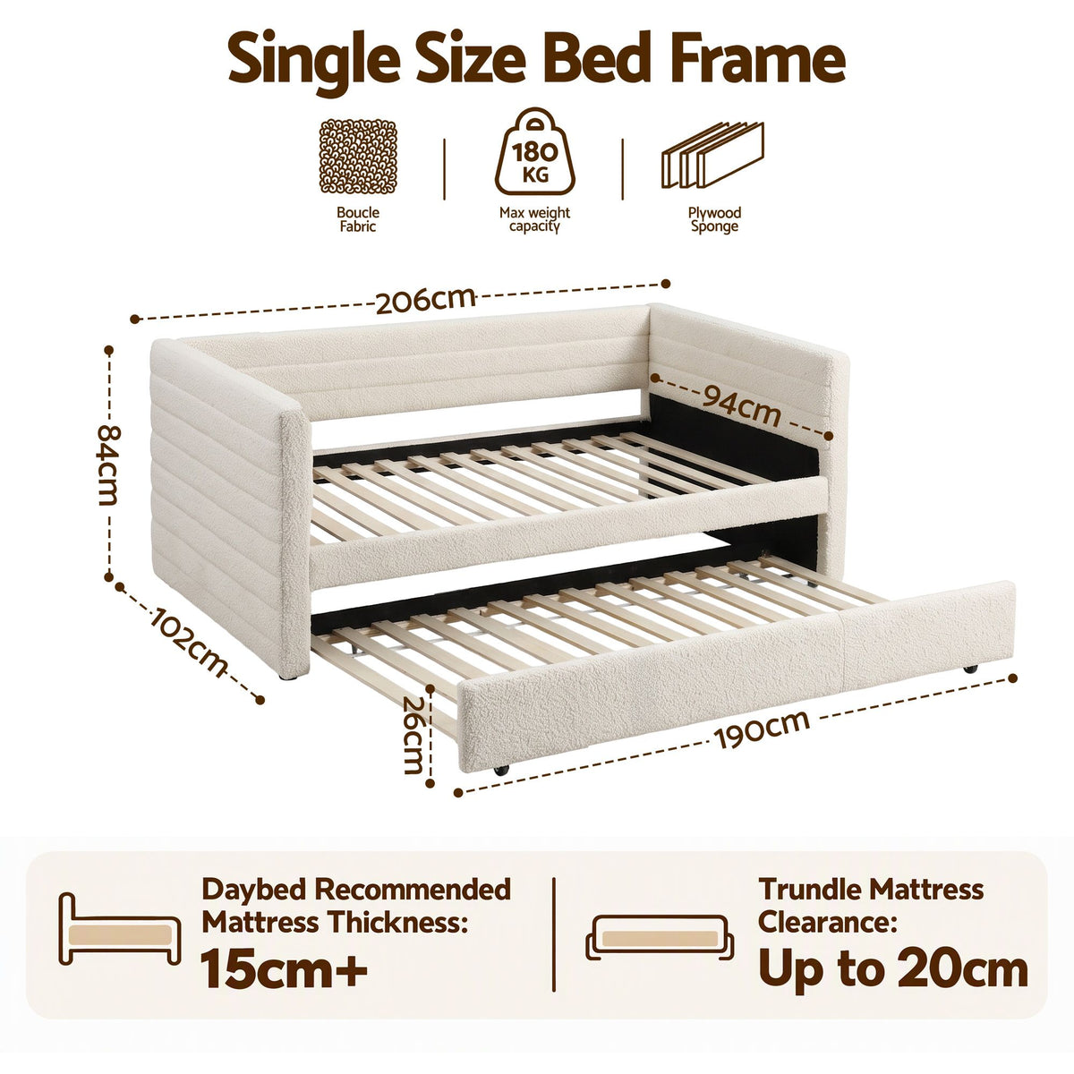 Artiss Single Daybed with Trundle, Boucle Upholstered Bed Frame Guest Bed