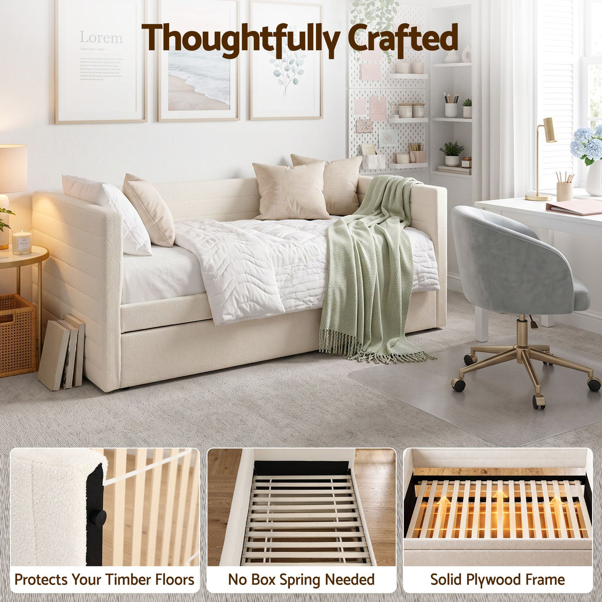 Artiss Single Daybed with Trundle, Boucle Upholstered Bed Frame Guest Bed