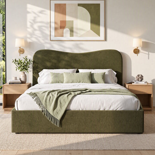 Artiss Double Bed Frame with Storage Drawer, Chenille Curved Headboard