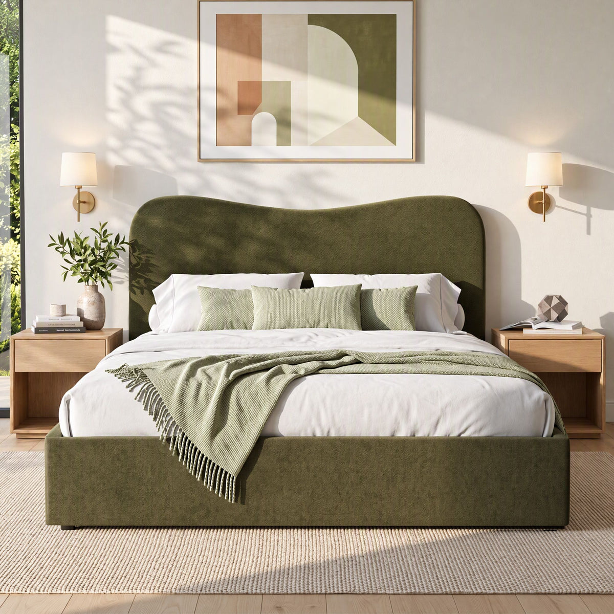Artiss Queen Bed Frame with Storage Drawer, Chenille Curved Headboard