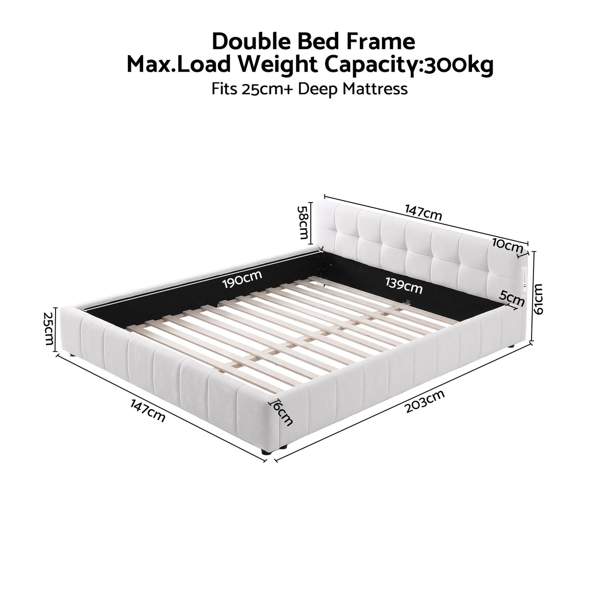 Artiss Double Bed Frame with Charging, LED Lights & Tufted Headboard