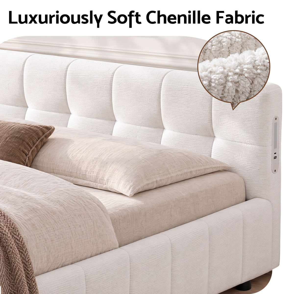 Artiss Double Bed Frame with Charging, LED Lights & Tufted Headboard