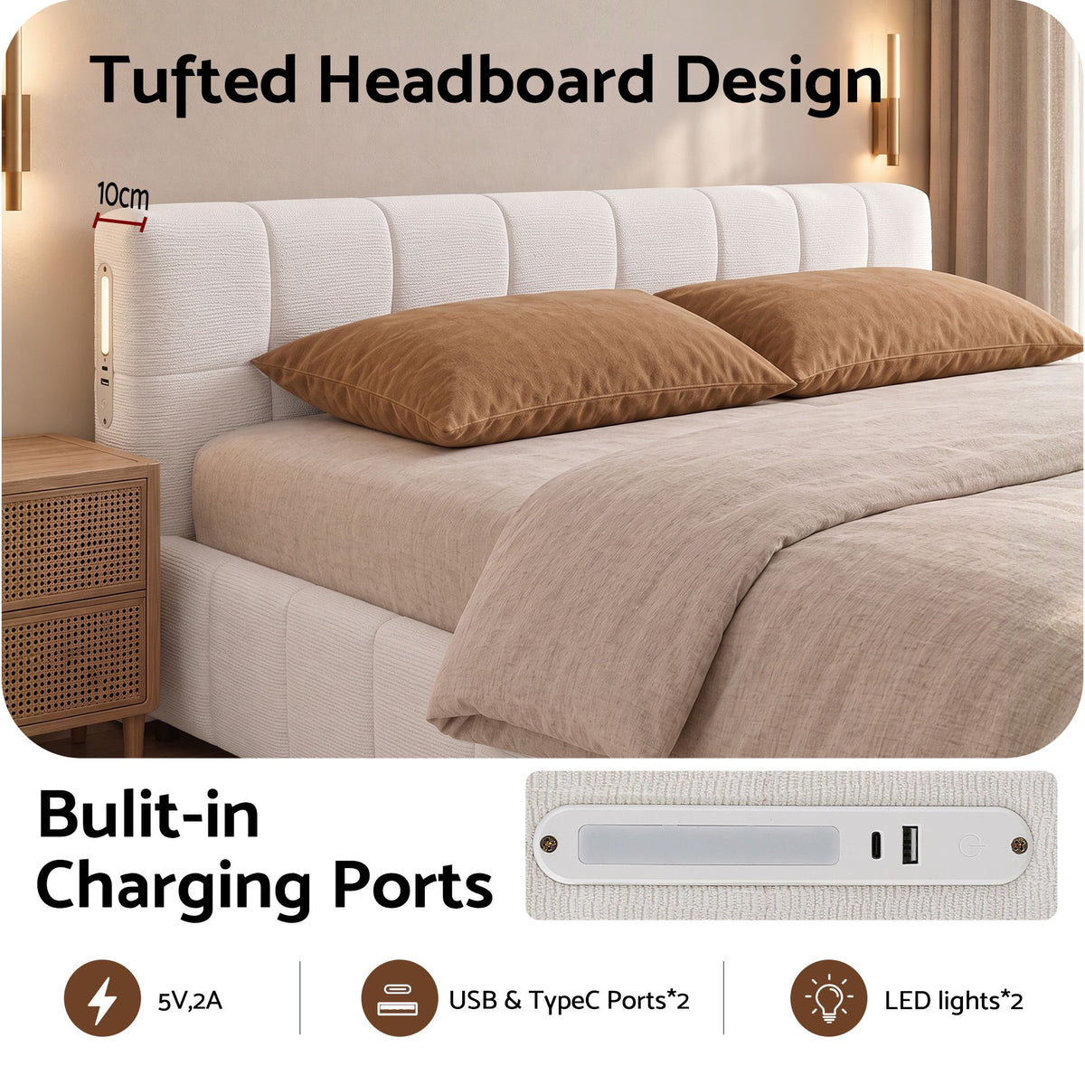 Artiss Double Bed Frame with Charging, LED Lights & Tufted Headboard