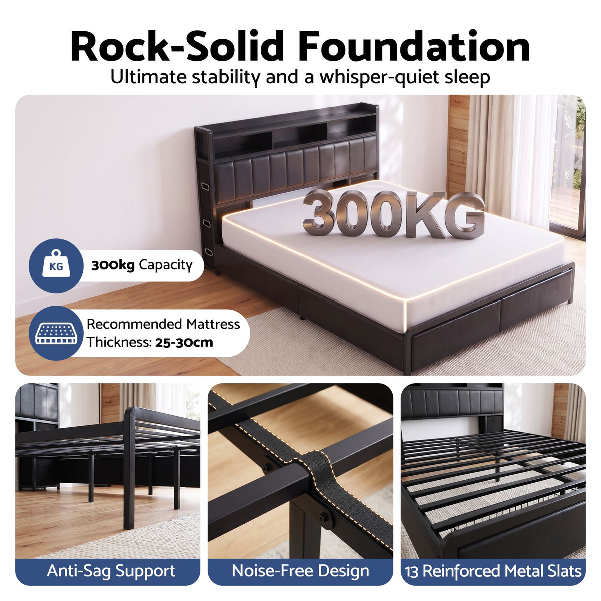 Artiss Queen Bed Frame with Storage Headboard, 2 Drawers, Charging Station& LED Light