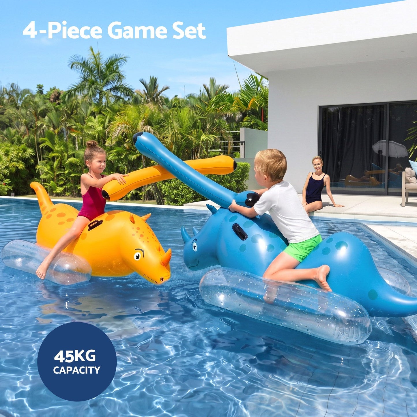 Bestway Kids Rhino Inflatable Ride-On Pool Float Toy Set of 2 with Boppers