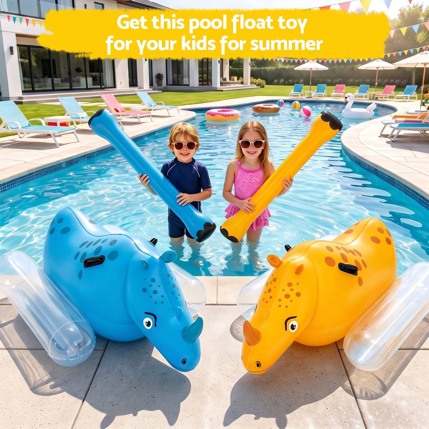 Bestway Kids Rhino Inflatable Ride-On Pool Float Toy Set of 2 with Boppers
