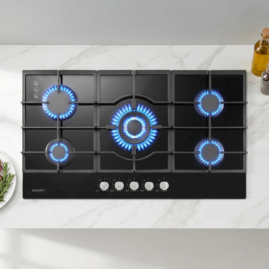 Devanti 90cm Gas Cooktop 5 Burner LPG NG Tempered Glass Hob Black