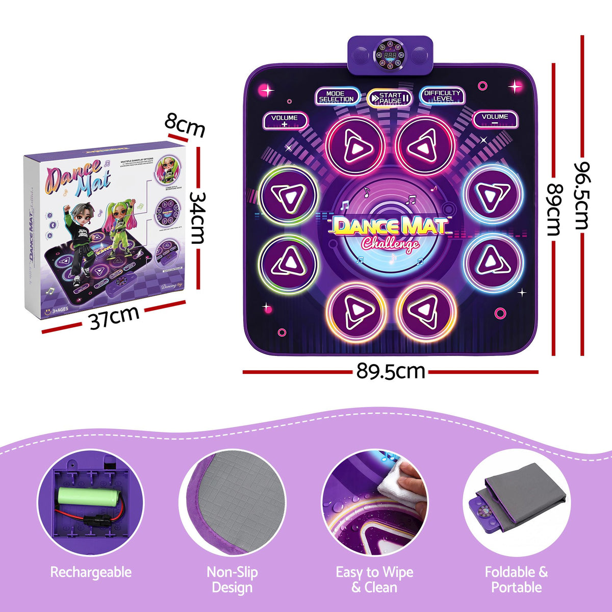 Keezi Dance Mat Toy for Kids Age 3-12 Electronic Dance Pad with Bluetooth 4 Game Modes Purple